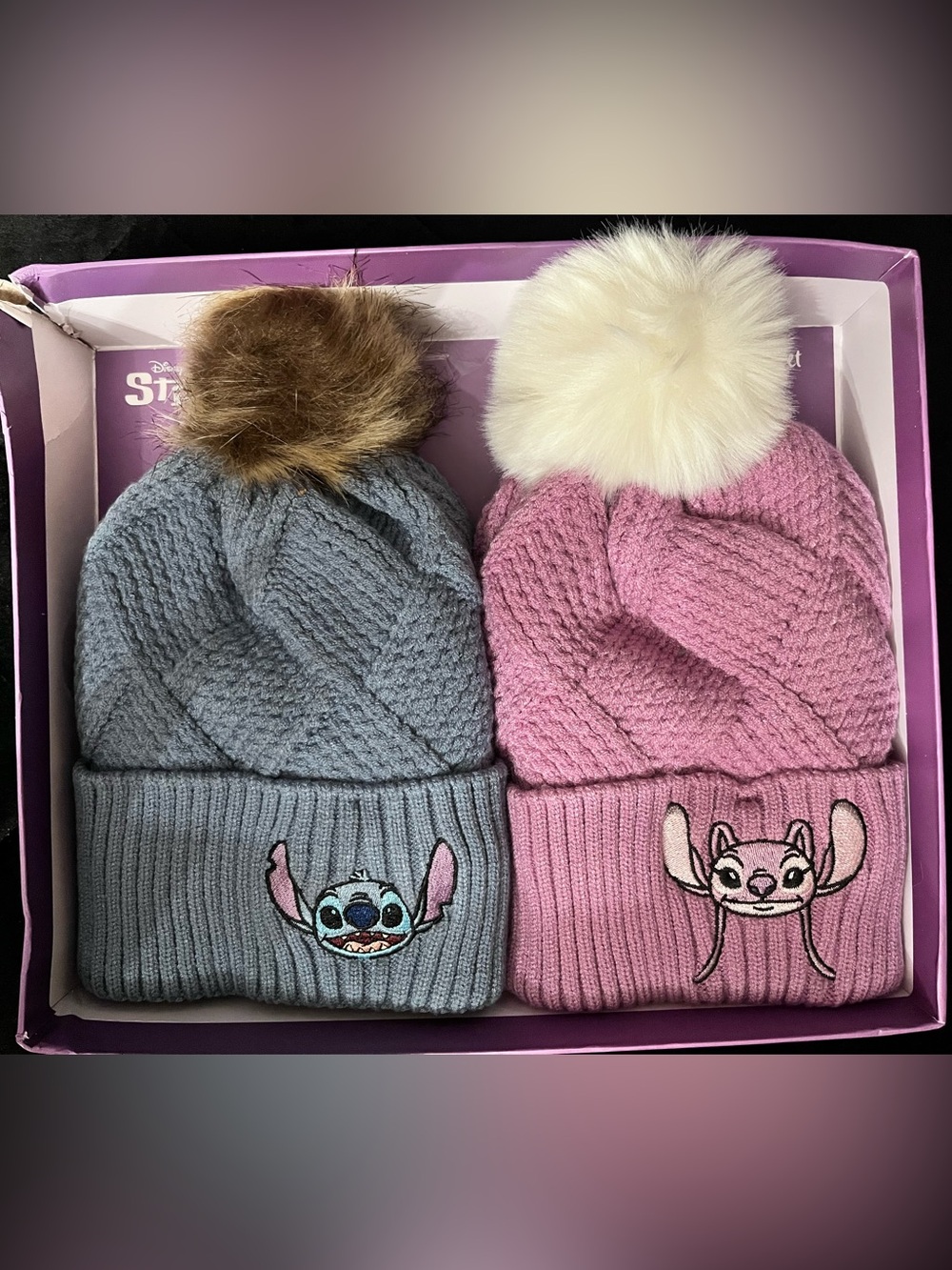 LILO & STITCH 2pk Baby Soft Faux Fur Pom Pom Minky Lining Beanies